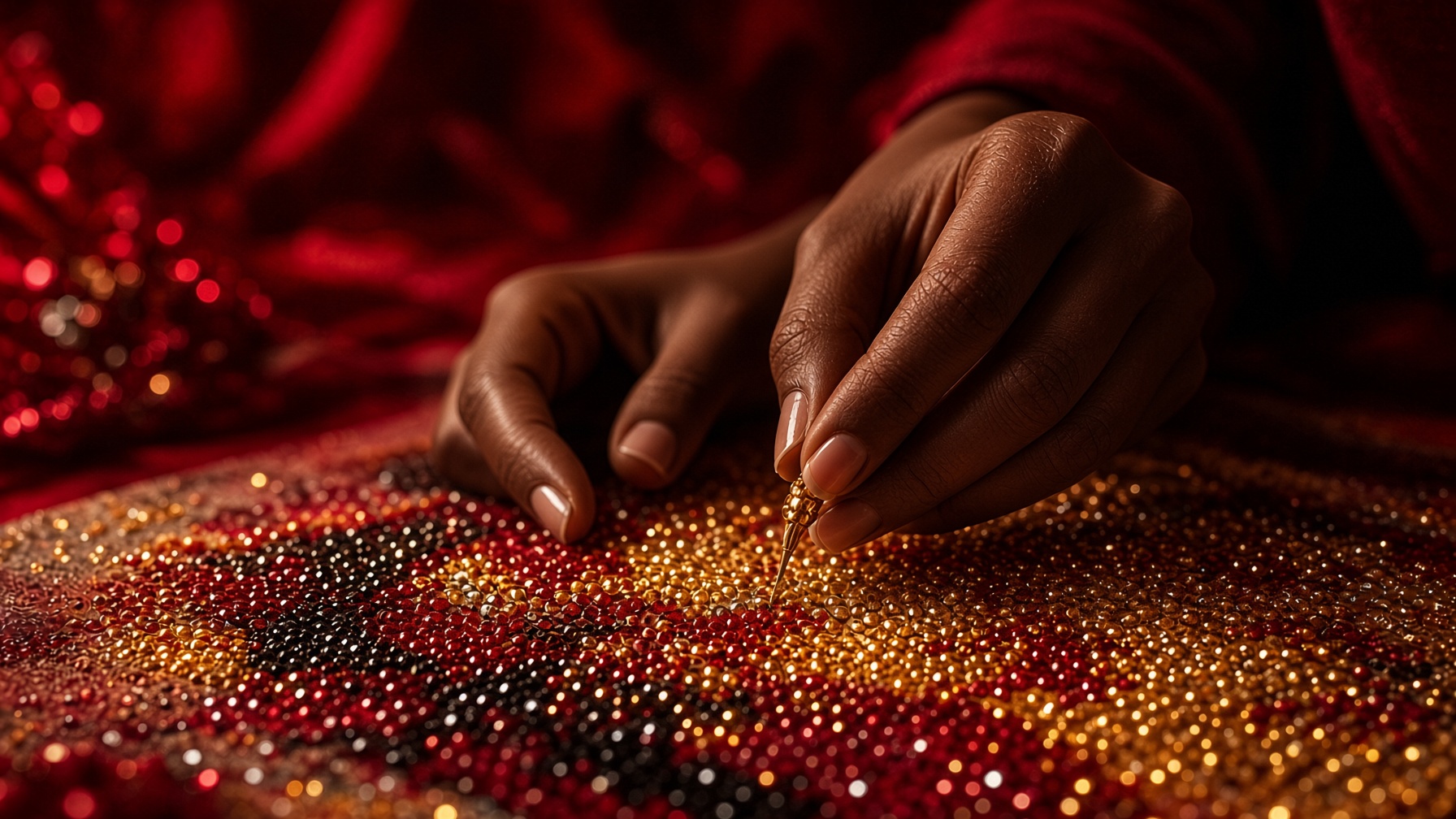 Hands placing drills on a True Sparkle original diamond painting kit